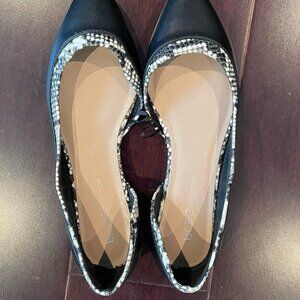 BCBG black & white d’Orsay ballet flats with snakeskin trim